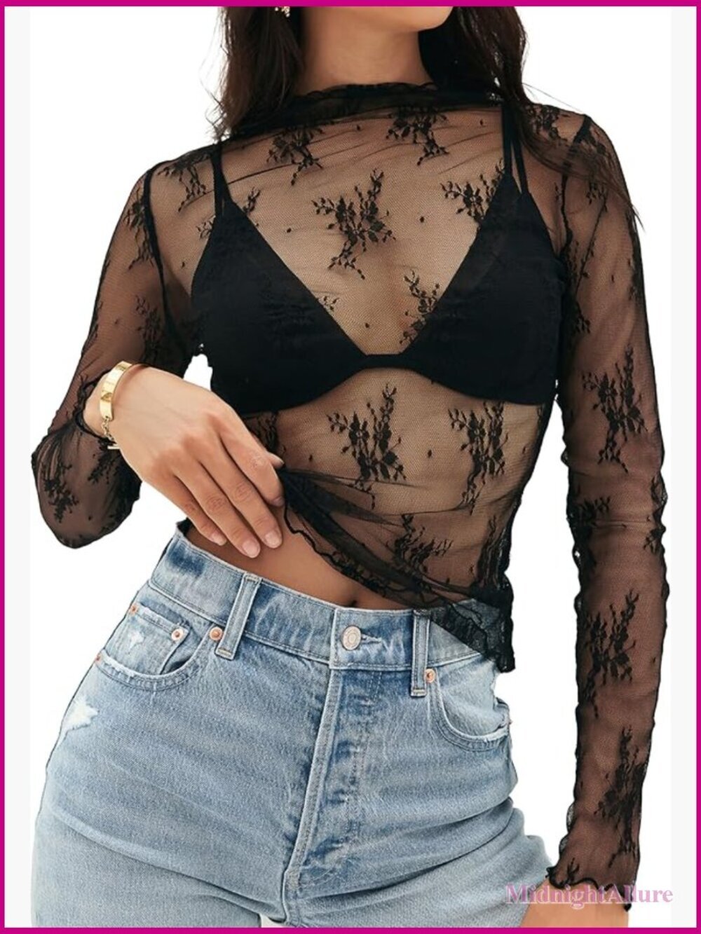 Sheer Lace Long Sleeve Mock Neck Top See Through Blouse Date Night